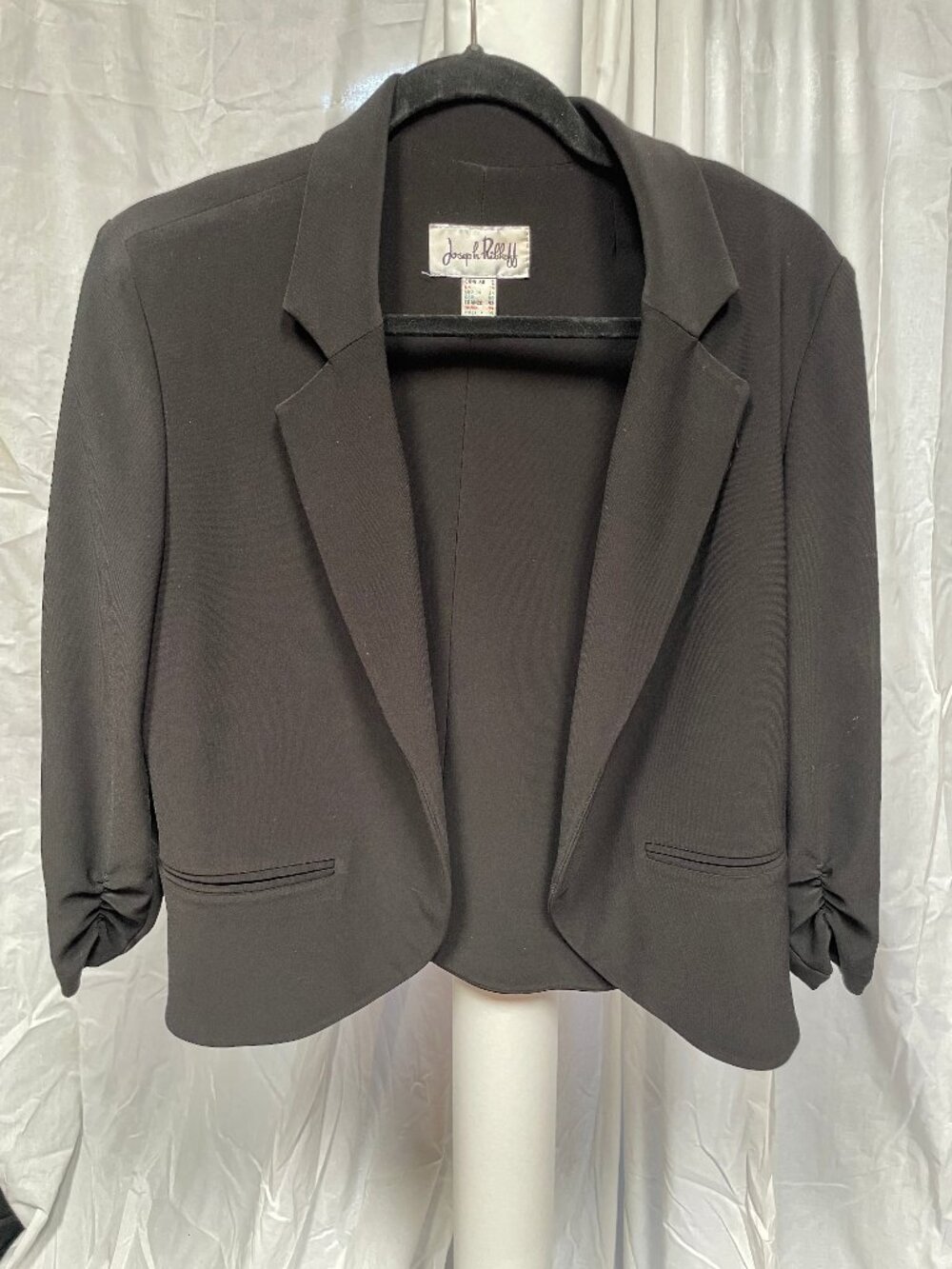 Joseph Ribkoff Black Open Front Ruched Sleeve Blazer Jacket Size 12